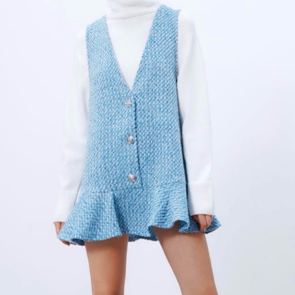 Zara Sky Blue Tweed V-Neck Ruffle Hem Mini Dress
